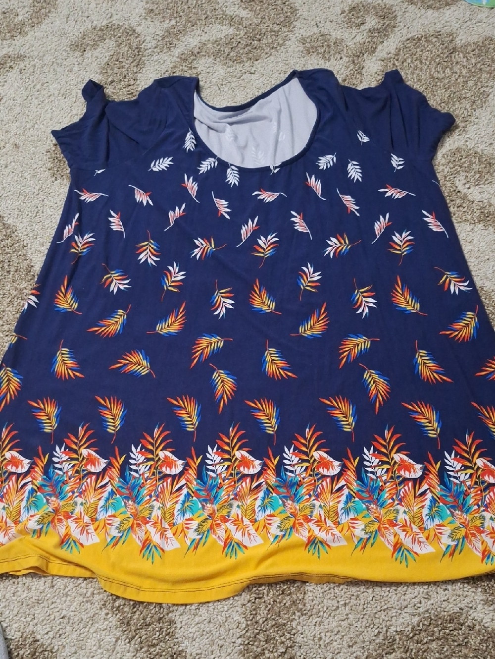 Navy Scoop Neck Floral Border Tunic with Yellow Hem by Jessica
